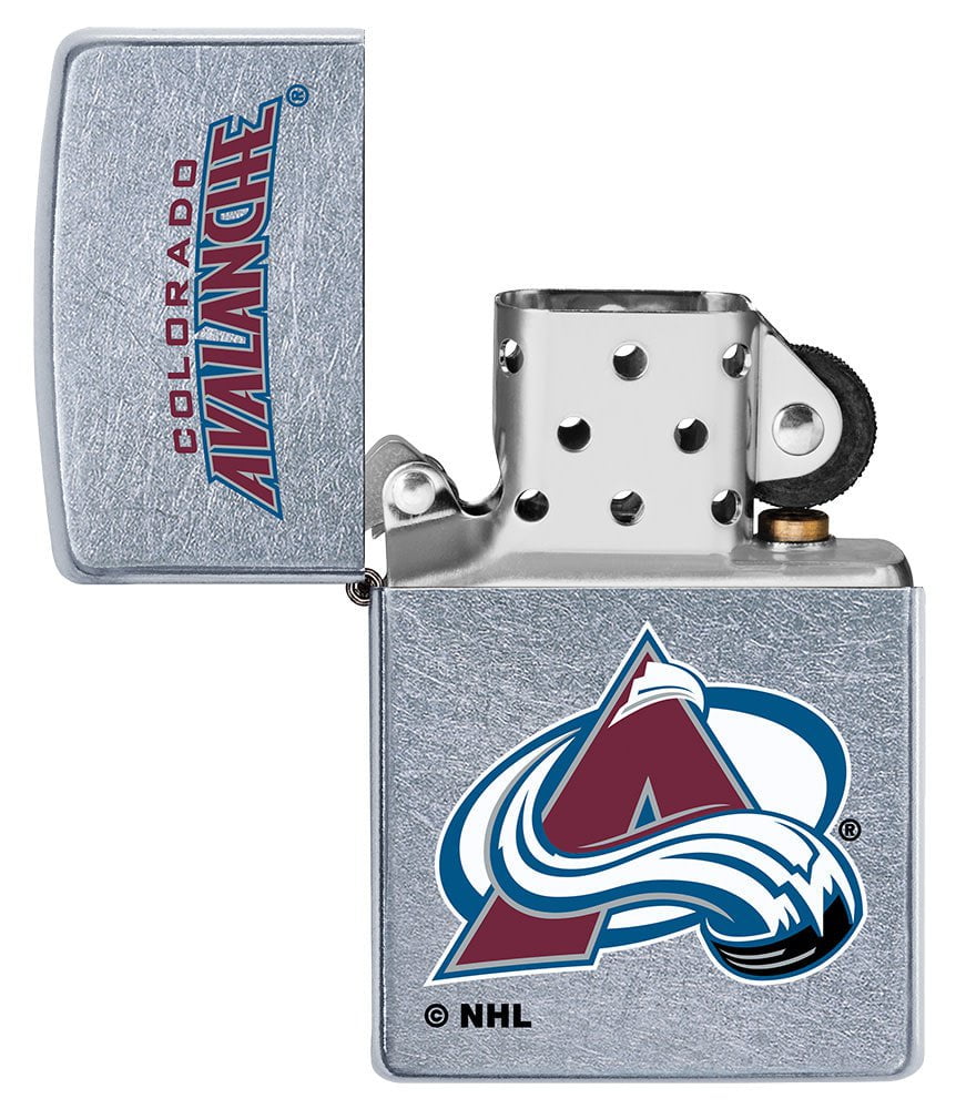 NHL Colorado Avalanche Street Chrome™ Windproof Lighter with its lid open and unlit