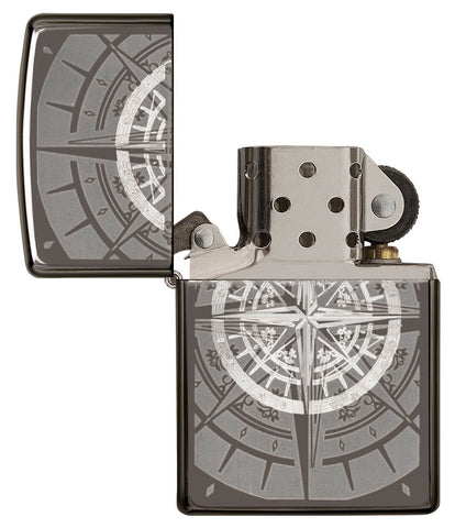 Black Ice Compass Windproof Lighter with its lid open and unlit.