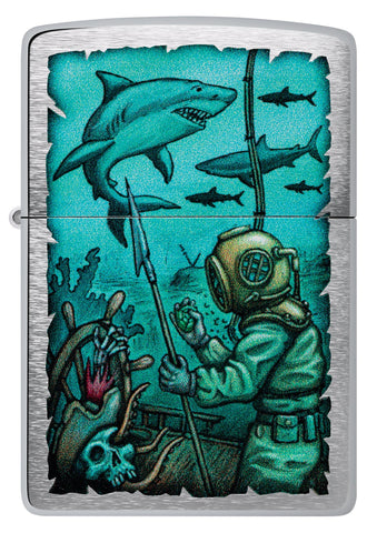 Front view of Zippo Shark Nautical Design Brushed Chrome Windproof Lighter.