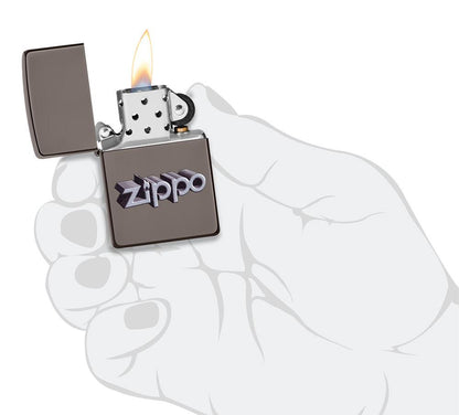 Zippo 3D Logo Design Black IceÂ® Windproof Lighter lit in hand