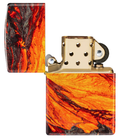 Zippo Lava Flow Design 540 Fusion Windproof Lighter with its lid open an unlit.