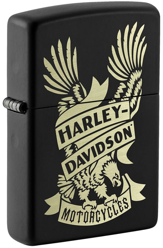 Front shot of Harley-DavidsonÂ® Eagle Black Matte Windproof Lighter standing at a 3/4 angle.