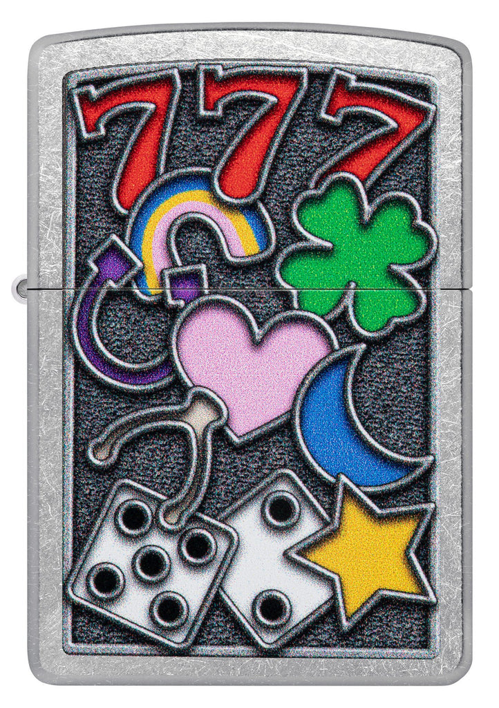 Front view of Zippo All Luck Design Street Chrome Windproof Lighter.