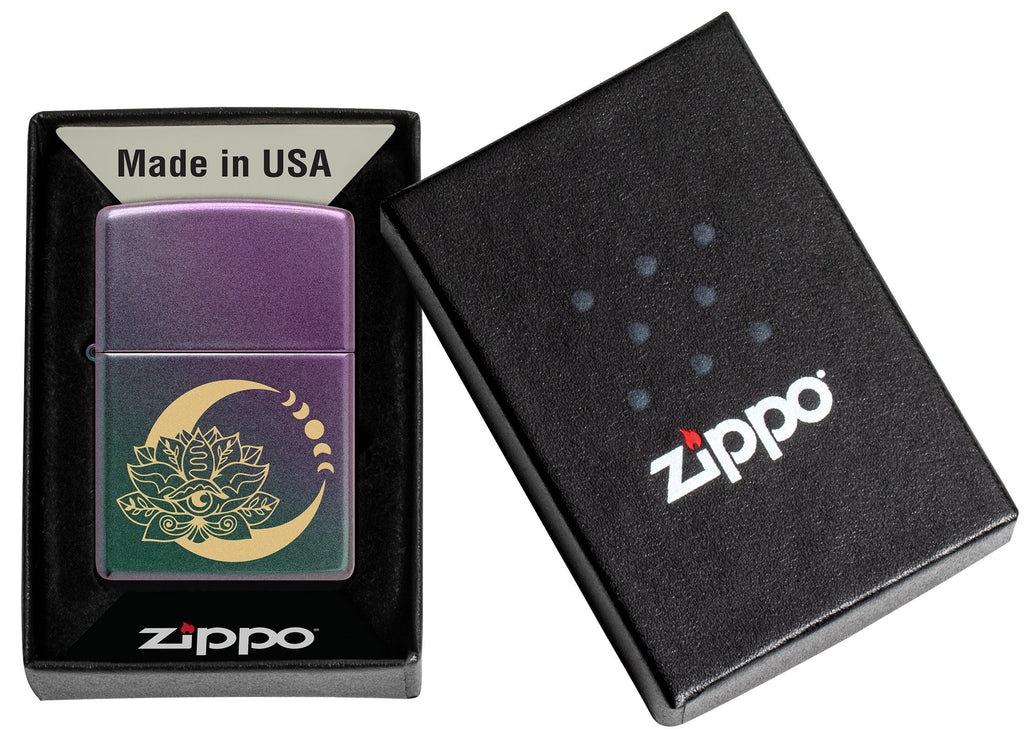 Zippo Lotus Moon Design Iridescent Windproof Lighter in its packaging.