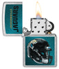 NFL Jacksonville Jaguars Helmet Street Chrome Windproof Lighter with its lid open and lit.
