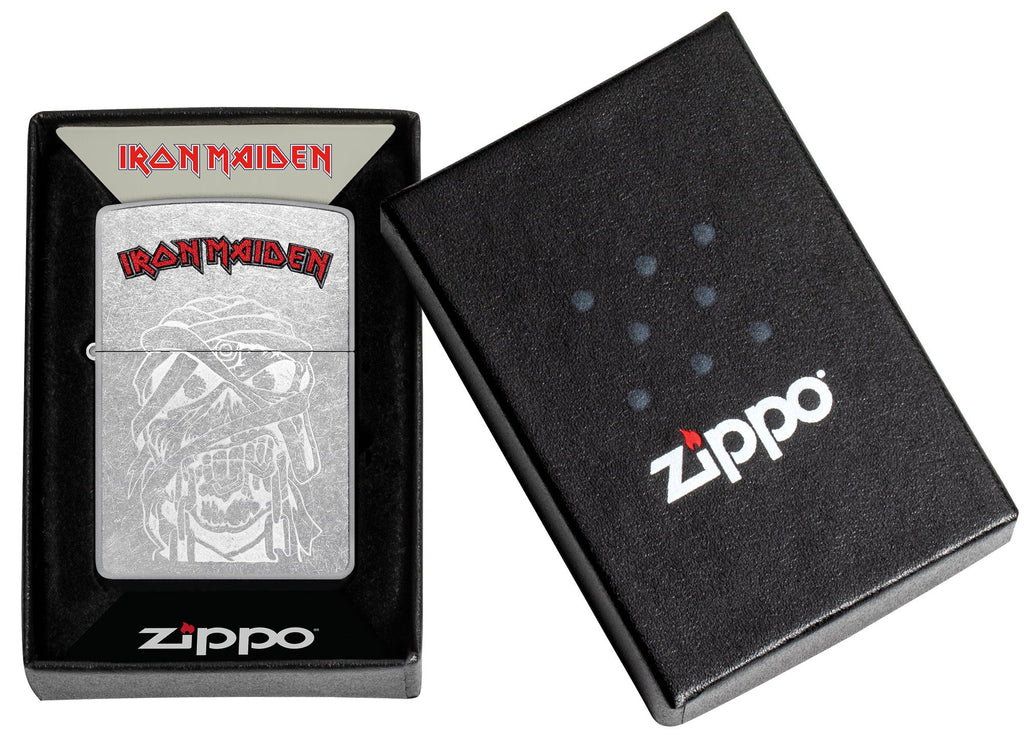 Zippo Iron Maiden Eddie Street Chrome Windproof Lighter in its packaging.