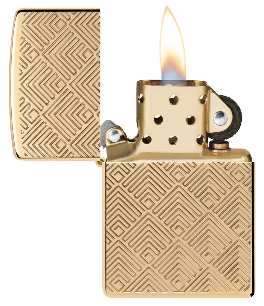 Zippo Pattern Design Armor High Polish Brass Windproof Lighter with its lid open and lit.