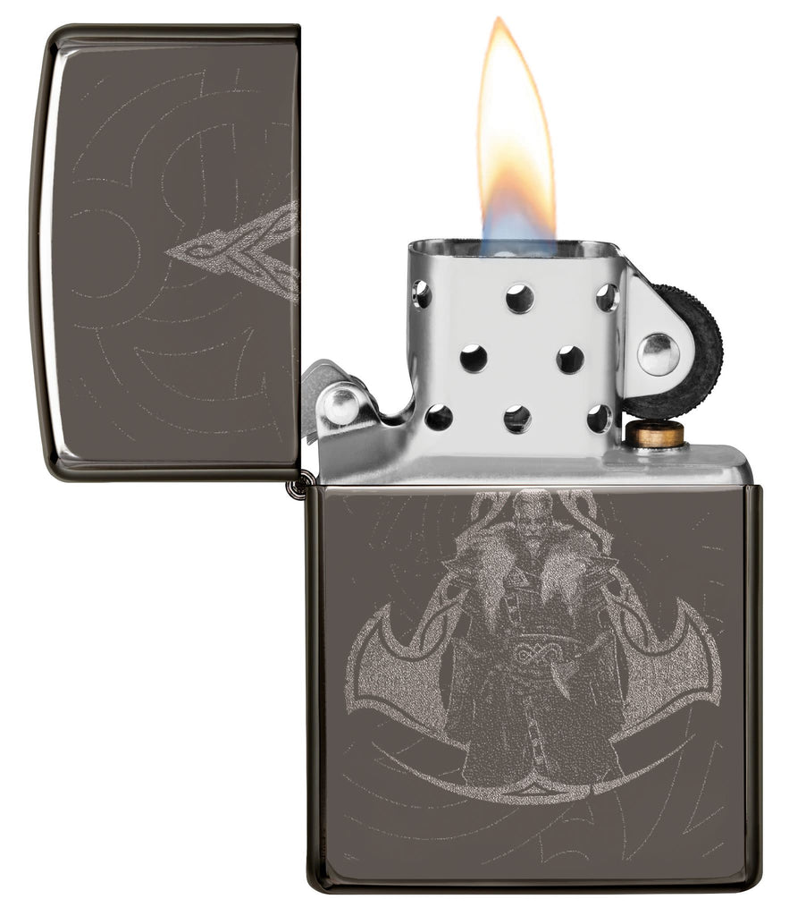 Assassin's Creed® Valhalla pocket lighter open and lit showing the front of the lighter