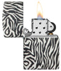 Zebra Print Design 540 Color Windproof Lighter with its lid open and lit.