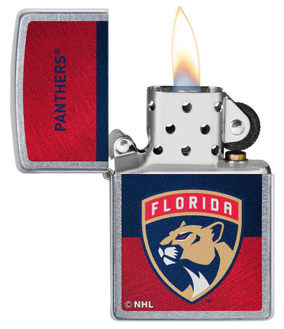NHL® Florida Panthers Street Chrome™ Windproof Lighter with its lid open and lit