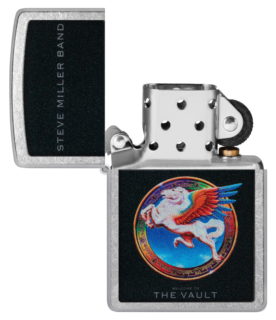 Steve Miller Band Welcome to the Vault Design Street Chrome™ Windproof Lighter with its lid open and unlit.