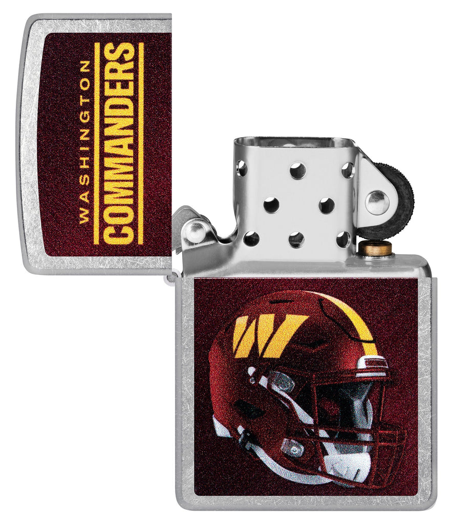NFL Washington Commanders Helmet Street Chrome Windproof Lighter with its lid open and unlit.