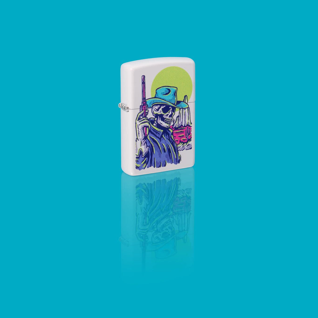 Glamour shot of Zippo Wild West Skeleton Design White Matte Windproof Lighter standing in a blue scene.