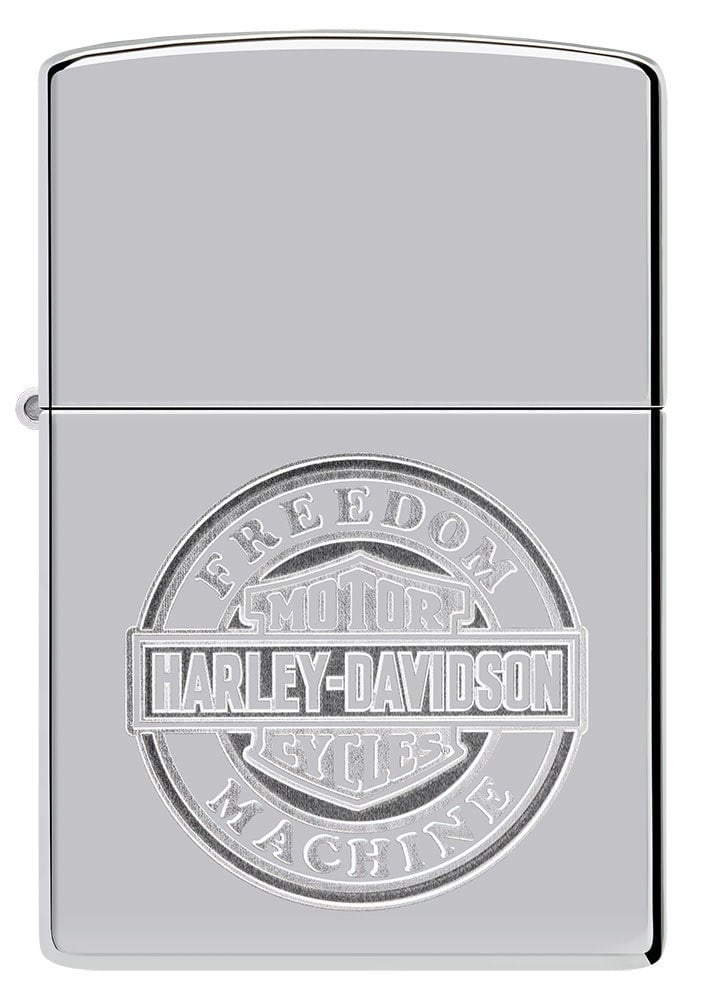 Front shot of Harley-DavidsonÂ® Bar and Shield High Polish Chrome Windproof Lighter.