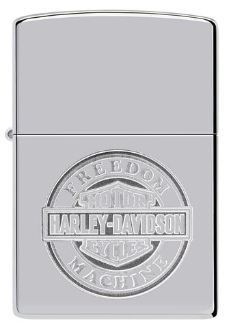 Front shot of Harley-Davidson® Bar and Shield High Polish Chrome Windproof Lighter.