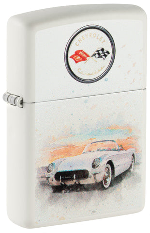 Front shot of Chevy Vintage Corvette White Matte Windproof Lighter standing at a 3/4 angle.