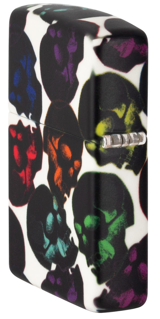 Angled shot of Skulls Design 540 Color Glow in the Dark Windproof Lighter, showing the back and hinge side of the lighter.