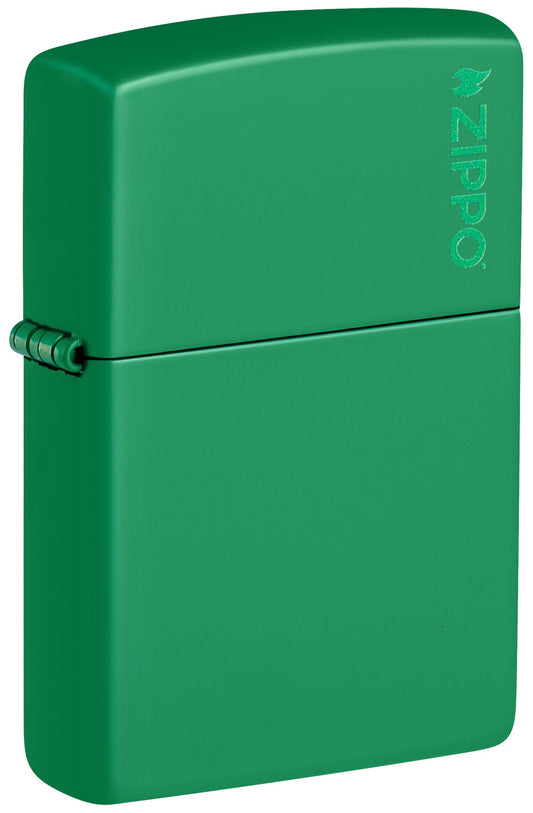 Front view of Zippo Grass Green Matte Zippo Logo Classic Windproof Lighter standing at a Â¾ angle.