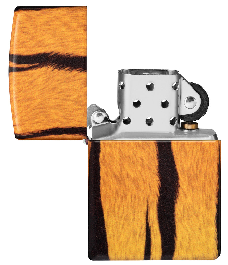 Tiger Print Designs 540 Color  Windproof Lighter with its lid open and unlit.