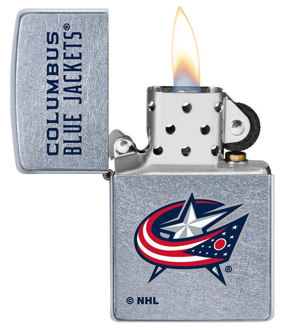 NHL Columbus Blue Jackets Street Chrome™ Windproof Lighter with its lid open and lit