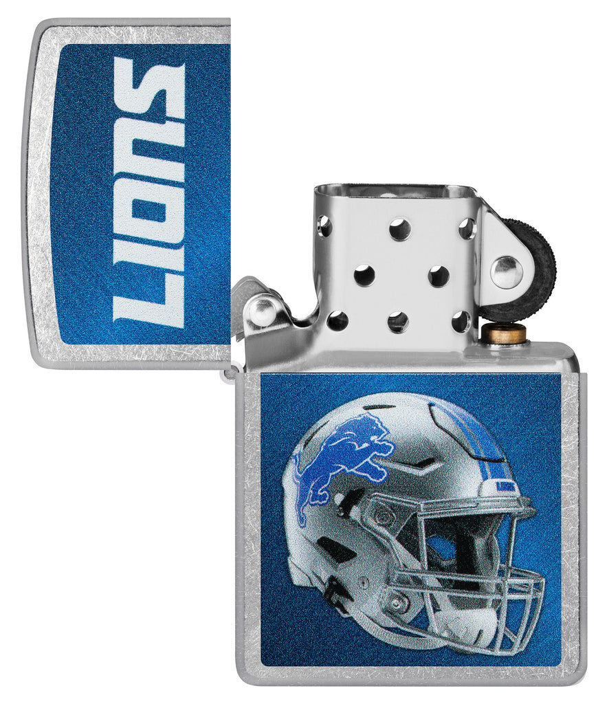 NFL Detroit Lions Helmet Street Chrome Windproof Lighter with its lid open and unlit.