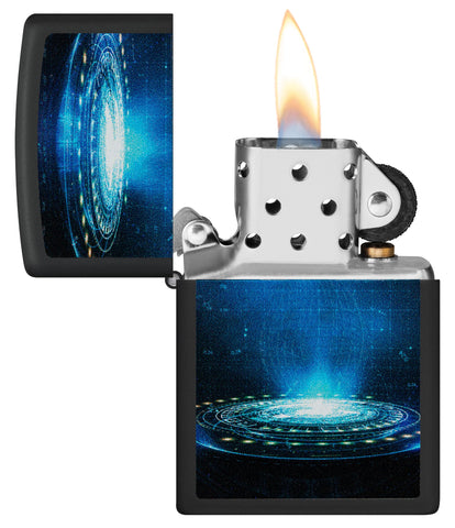 Zippo Black Light UFO Flame Design Black Matte Windproof Lighter with its lid open and lit.