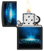 Zippo Black Light UFO Flame Design Black Matte Windproof Lighter with its lid open and lit.