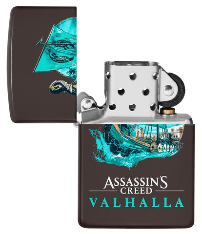 Assassin's Creed® Valhalla Brown Windproof Lighter with its lid open and unlit.
