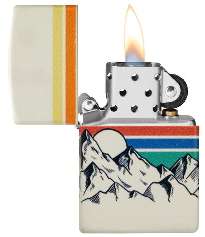 Zippo Mountain Design 540 Color Windproof Lighter with its lid open and lit.