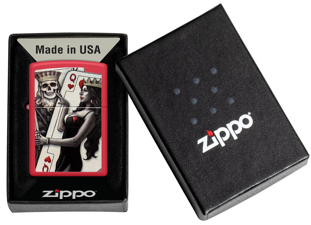 Zippo Skull King Queen Beauty Red Matte Windproof Lighter in its packaging.