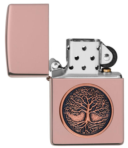 Tree of Life Emblem High Polish Rose Gold Windproof Lighter with its lid open and unlit.