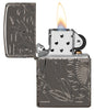 Wicca Design Armor® Black Ice® Windproof Lighter with its lid open and lit.