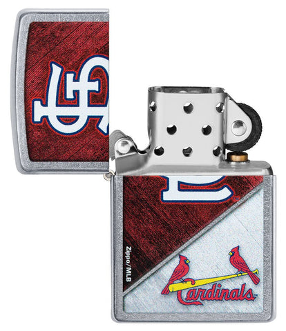 MLB™ St. Louis Cardinals™ Street Chrome™ Windproof Lighter with its lid open and unlit.