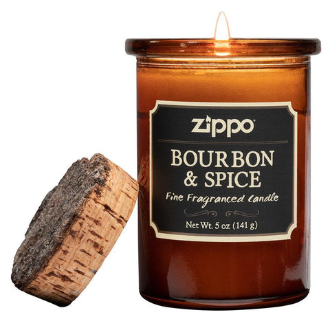 Spirit Candle - Bourbon & Spice with the cork lid off and the candle lit