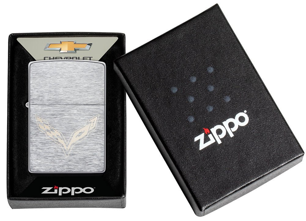 ChevroletÂ® Corvette Logo Brushed Chrome Windproof Lighter in its packaging.