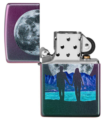 Moon Couple Design Iridescent Windproof Lighter with its lid open and unlit