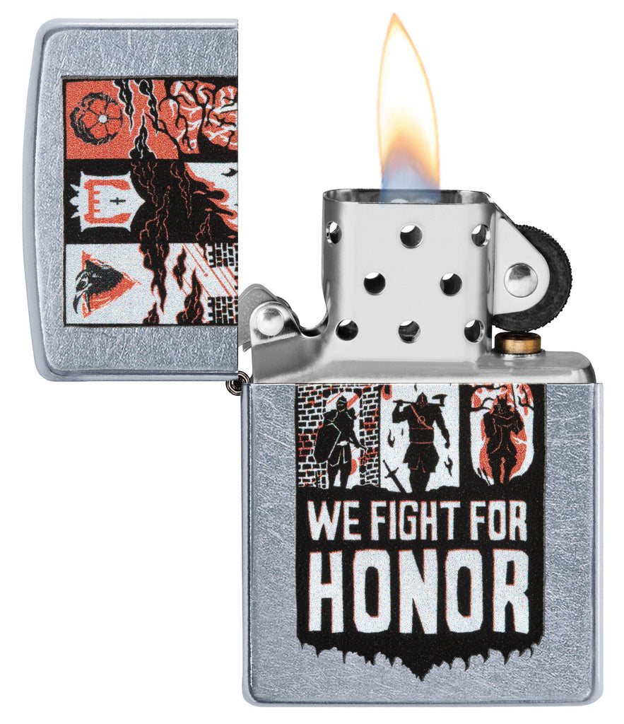 Front view of the fight for honor lighter open and lit