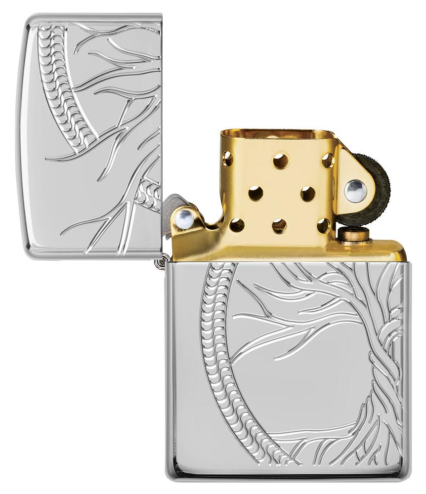 ArmorÂ® High Polish Sterling Silver Tree of Life Windproof Lighter with its lid open and unlit