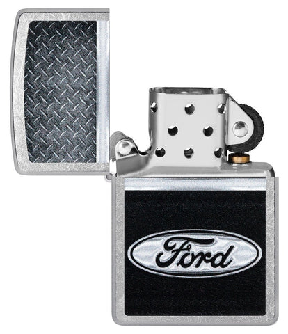 Ford Logo Diamond Plate Metal Design Street Chrome Windproof Lighter with its lid open and unlit.