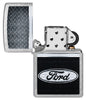 Ford Logo Diamond Plate Metal Design Street Chrome Windproof Lighter with its lid open and unlit.