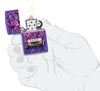 Zippo Cassette Tape Design Purple Matte Windproof Lighter lit in hand.