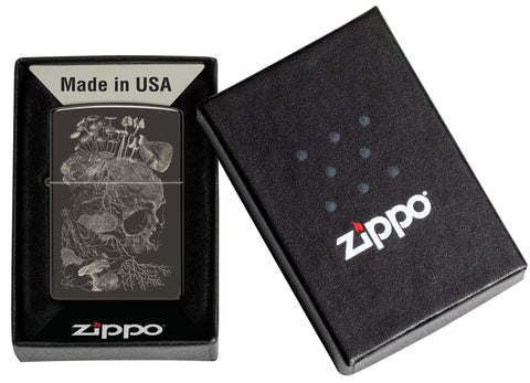 Zippo Skull Mushroom Design High Polish Black Windproof Lighter in its packaging.