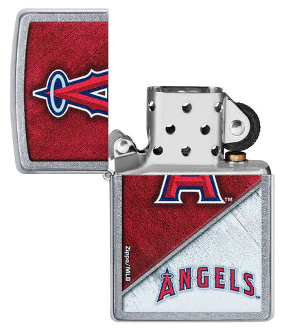 MLB™ Los Angeles Angels™ Street Chrome™ Windproof Lighter with its lid open and unlit.