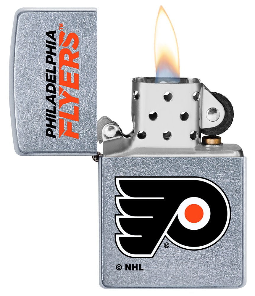 NHL Philadelphia Flyers Street Chrome™ Windproof Lighter with its lid open and lit