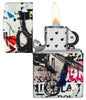 Zippo Pop Art Design 540 Color Windproof Lighter with its lid open and lit.