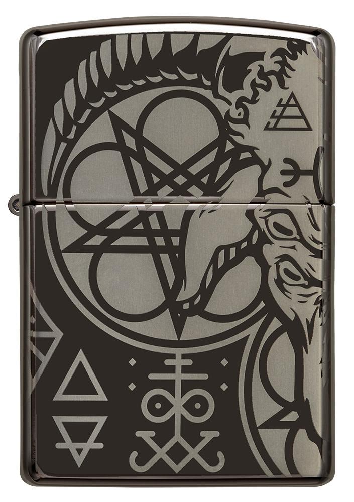 Front shot of Occult Design High Polish Black Windproof Lighter.