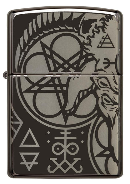 Front shot of Occult Design High Polish Black Windproof Lighter.