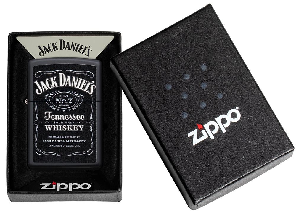 Jack Daniel's® Texture Print Black Matte Windproof Lighter in its packaging