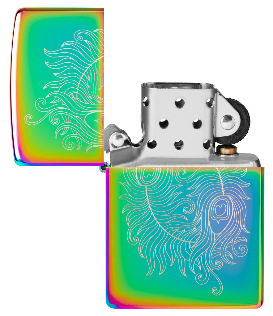 Laser Engraved Spiritual Design Multi Color Windproof Lighter with its lid open and unlit.