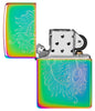 Laser Engraved Spiritual Design Multi Color Windproof Lighter with its lid open and unlit.